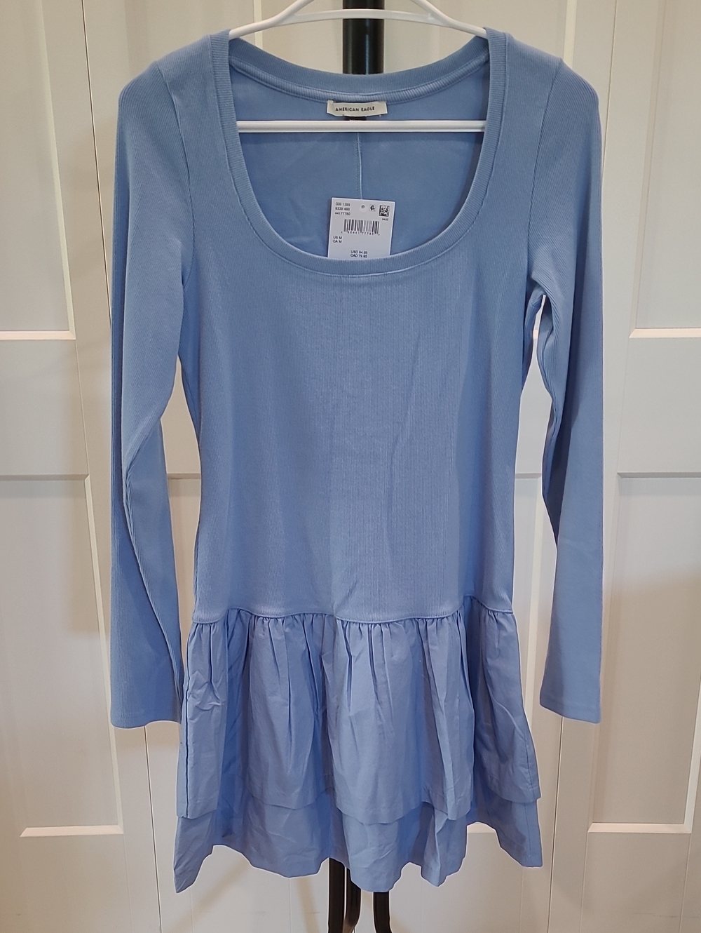 American Eagle Outfitters Light Blue Long Sleeve Ruffle Hem Dress